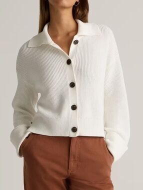 Quince 100% Organic Cotton Fisherman Collared Cardigan In Ivory Size Large